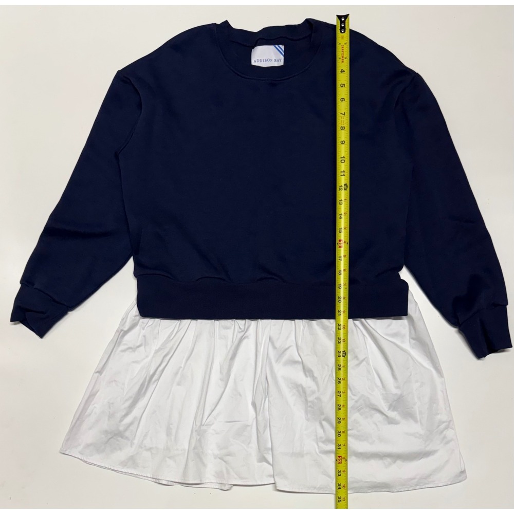 Addison Bay Navy Blue Mixed Media Sweatshirt White Poplin Hem Pullover XL